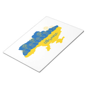Karte der Ukraine mit Sonnenblumen und ukrainische Notizblock