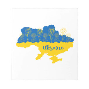 Karte der Ukraine mit Sonnenblumen und ukrainische Notizblock