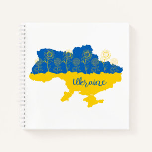 Karte der Ukraine mit Sonnenblumen und ukrainische Notizbuch