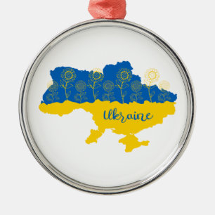 Karte der Ukraine mit Sonnenblumen und ukrainische Ornament Aus Metall