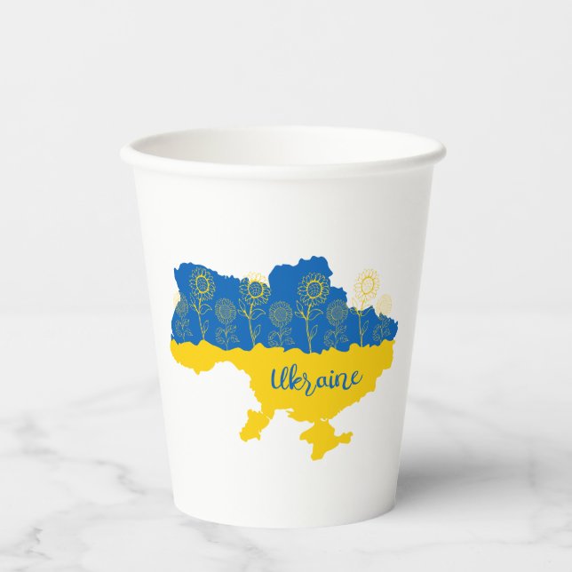 Karte der Ukraine mit Sonnenblumen und ukrainische Pappbecher (Vorderseite)