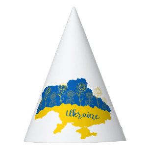 Karte der Ukraine mit Sonnenblumen und ukrainische Partyhütchen