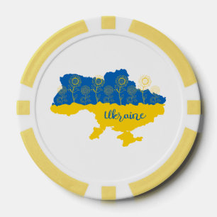 Karte der Ukraine mit Sonnenblumen und ukrainische Pokerchips