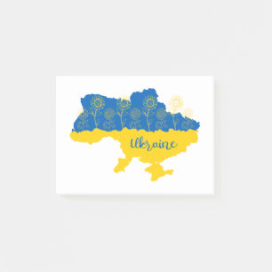 Karte der Ukraine mit Sonnenblumen und ukrainische Post-it Klebezettel