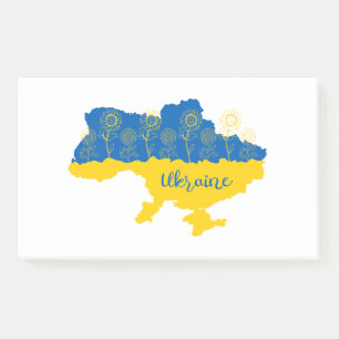 Karte der Ukraine mit Sonnenblumen und ukrainische Post-it Klebezettel