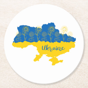 Karte der Ukraine mit Sonnenblumen und ukrainische Runder Pappuntersetzer