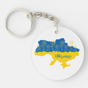 Karte der Ukraine mit Sonnenblumen und ukrainische Schlüsselanhänger