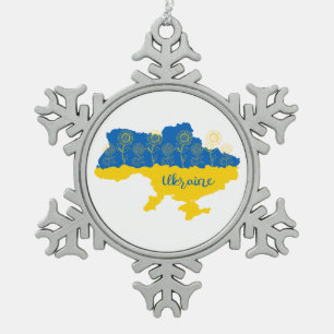 Karte der Ukraine mit Sonnenblumen und ukrainische Schneeflocken Zinn-Ornament