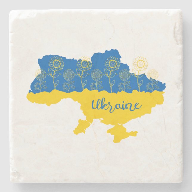 Karte der Ukraine mit Sonnenblumen und ukrainische Steinuntersetzer (Vorderseite)