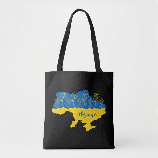 Karte der Ukraine mit Sonnenblumen und ukrainische Tasche (Vorderseite)