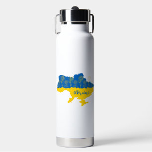 Karte der Ukraine mit Sonnenblumen und ukrainische Trinkflasche