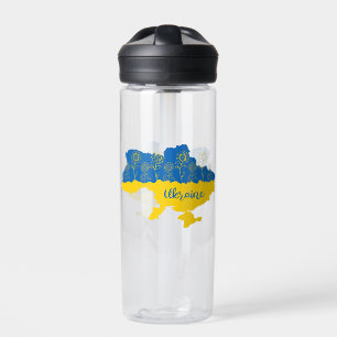 Karte der Ukraine mit Sonnenblumen und ukrainische Trinkflasche