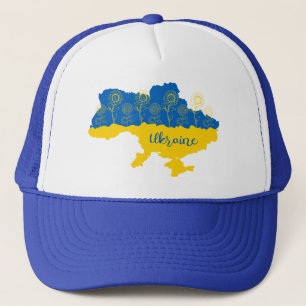 Karte der Ukraine mit Sonnenblumen und ukrainische Truckerkappe