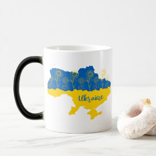 Karte der Ukraine mit Sonnenblumen und ukrainische Verwandlungstasse