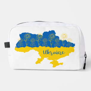 Karte der Ukraine mit Sonnenblumen und ukrainische Waschbeutel