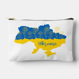 Karte der Ukraine mit Sonnenblumen und ukrainische Zubehörtasche