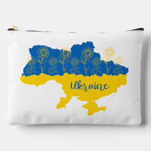 Karte der Ukraine mit Sonnenblumen und ukrainische Zubehörtasche