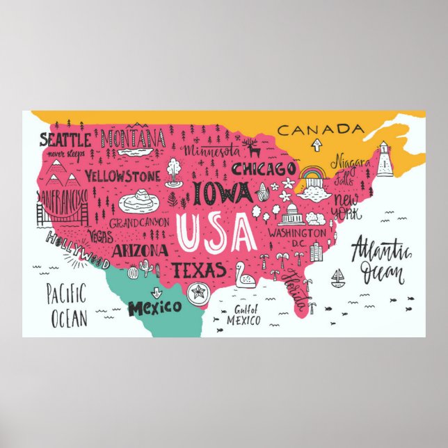 Karte der USA | Niedliches Doodle-Design Poster (Vorne)