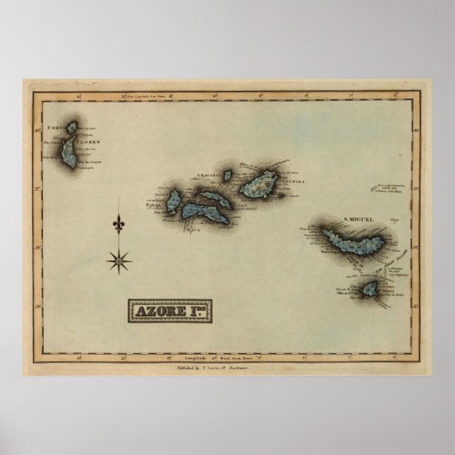 Karte der Vintagen Azoren (1823) Poster (Vorne)