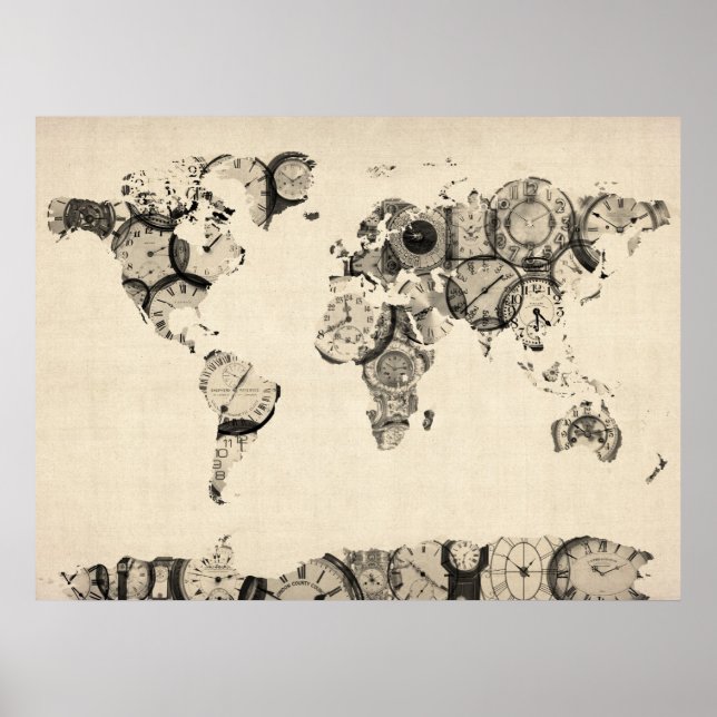 Karte der Weltkarte aus alten Uhren Poster (Vorne)