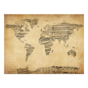 Karte der Weltkarte von Old Sheet Music Fotodruck