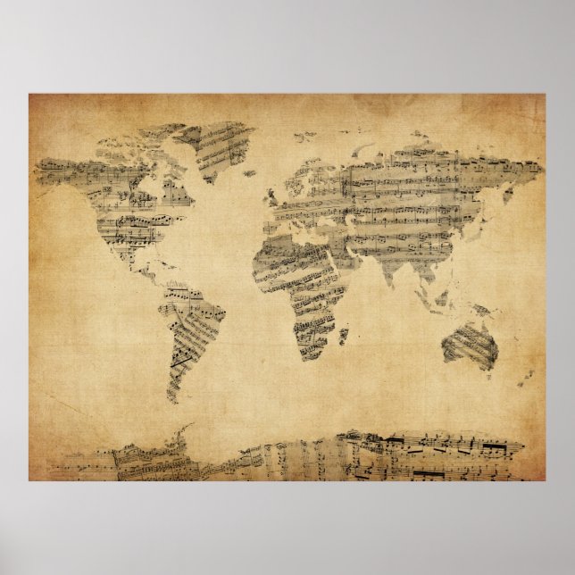Karte der Weltkarte von Old Sheet Music Poster (Vorne)