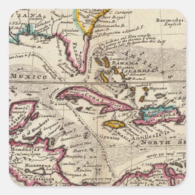 Karte der Westindien, Mexikos oder Neuen Spaniens Quadratischer Aufkleber (Vorderseite)