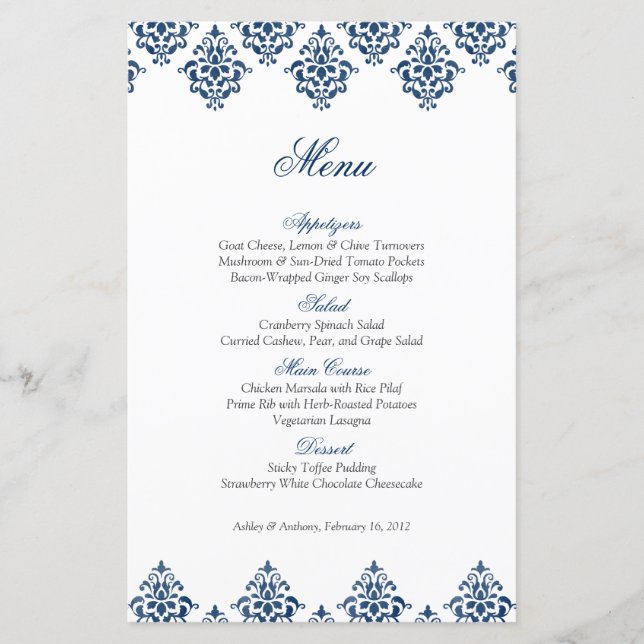 Karte des arabischen Hochzeitmenüs "Navy White Dam (Vorderseite)