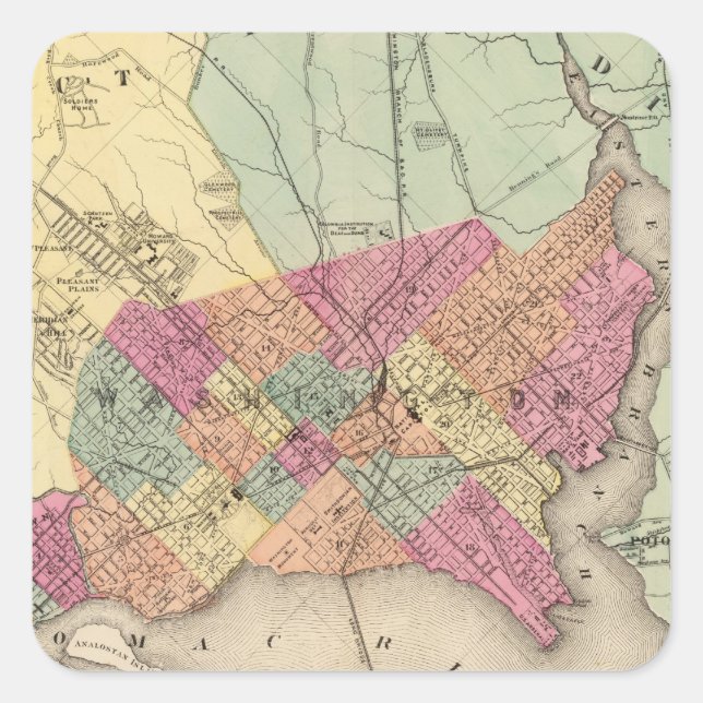Karte des Bezirks Columbia, Washington Quadratischer Aufkleber (Vorderseite)