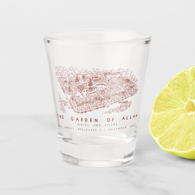 Karte des Garden of Allah Hotel, Hollywood Schnapsglas (Vorderseite)