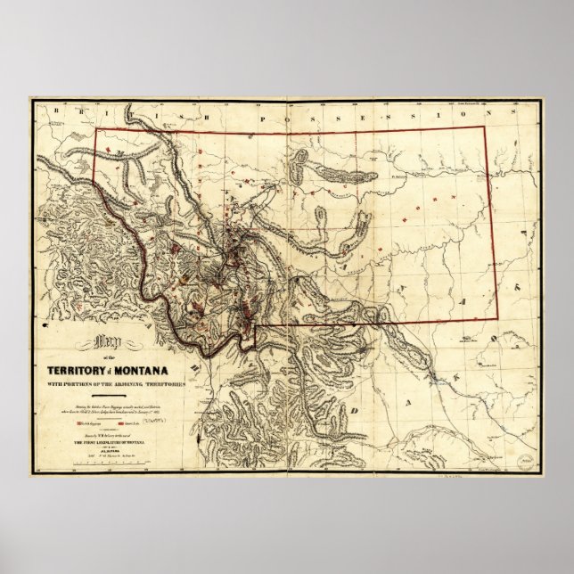 Karte des Gebiets Montana (1865) Poster (Vorne)