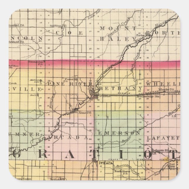 Karte des Gratiot Landkreises, Michigan Quadratischer Aufkleber (Vorderseite)