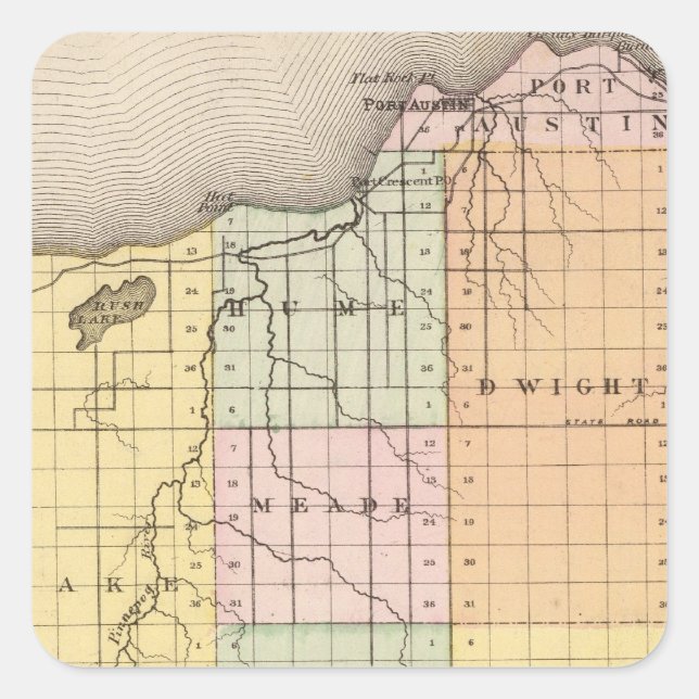 Karte des Huron-Landkreises, Michigan Quadratischer Aufkleber (Vorderseite)