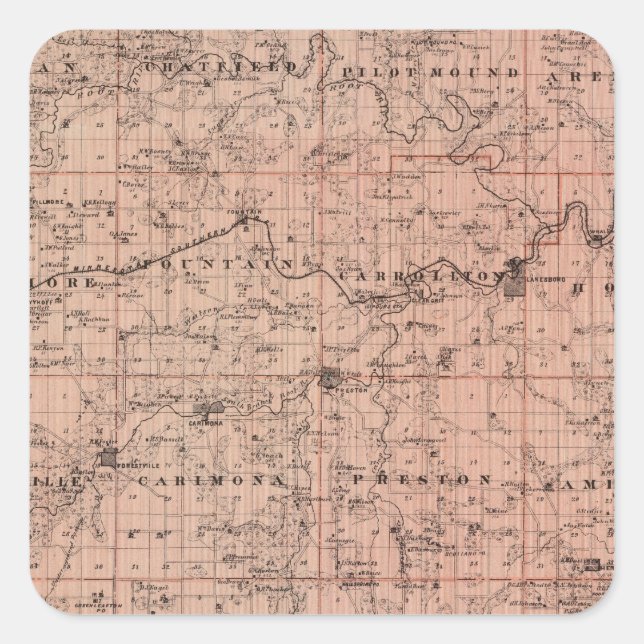 Karte des Landkreises Fillmore, Minnesota Quadratischer Aufkleber (Vorderseite)