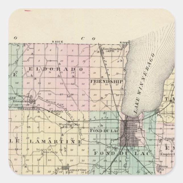 Karte des Landkreises Fond du Lac, Staat von Wisco Quadratischer Aufkleber (Vorderseite)