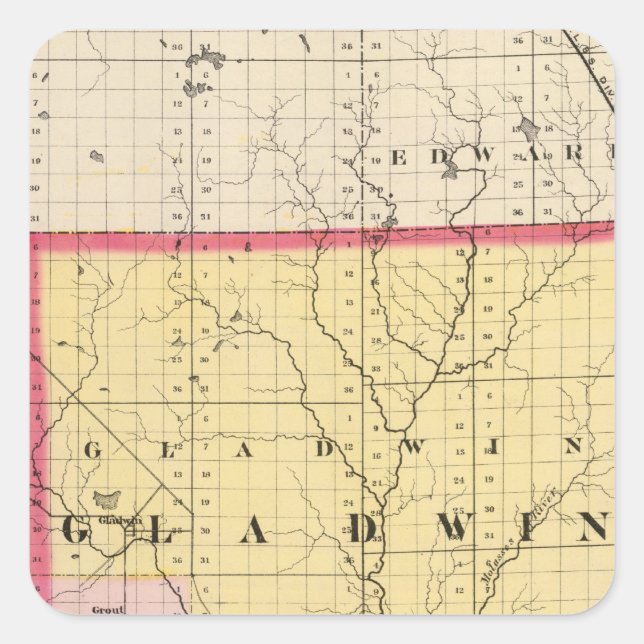 Karte des Landkreises Gladwin, Michigan Quadratischer Aufkleber (Vorderseite)