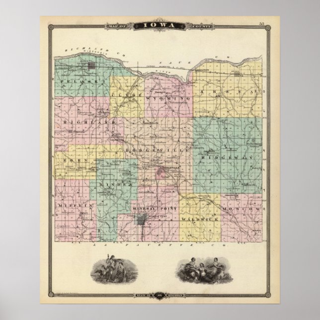 Karte des Landkreises Iowa, Staat von Wisconsin Poster (Vorne)