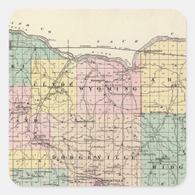 Karte des Landkreises Iowa, Staat von Wisconsin Quadratischer Aufkleber (Vorderseite)
