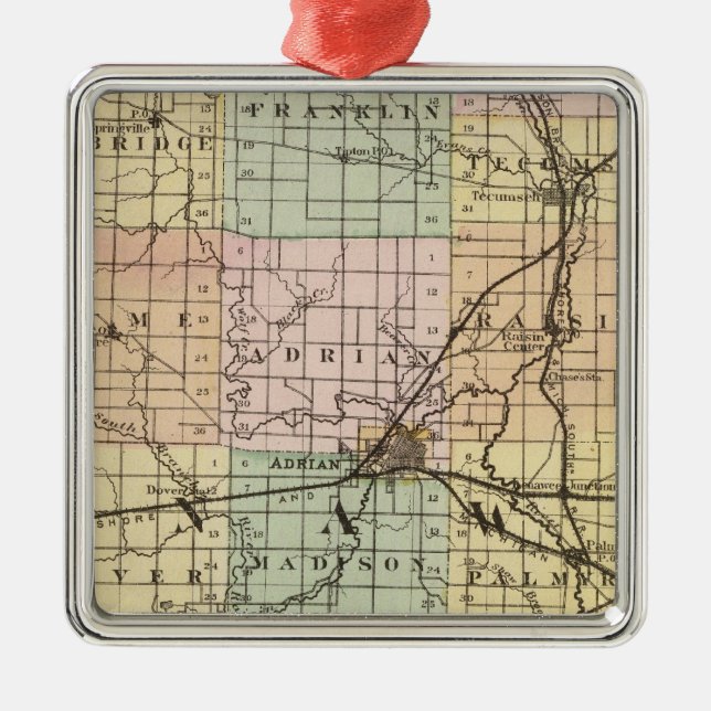 Karte des Landkreises Lenawee, Michigan Silbernes Ornament (Vorne)
