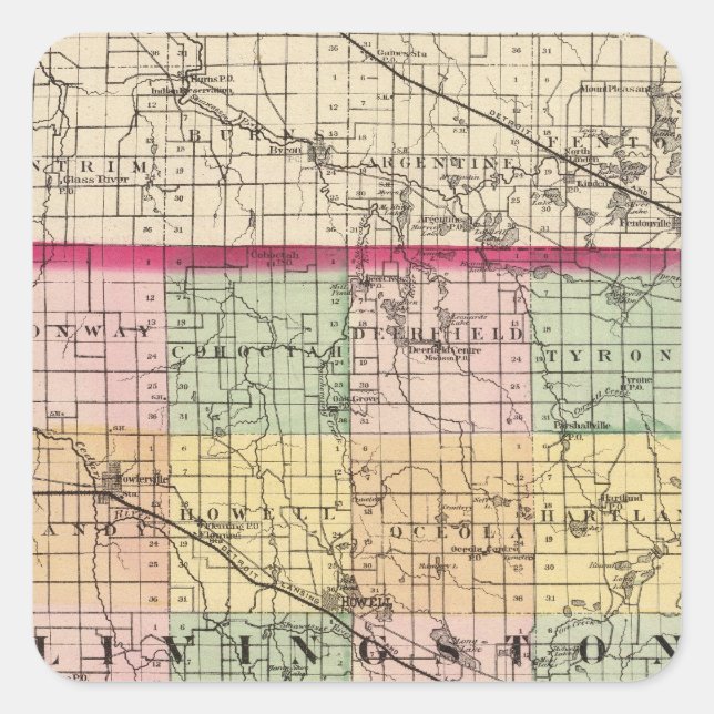 Karte des Landkreises Livingston, Michigan Quadratischer Aufkleber (Vorderseite)