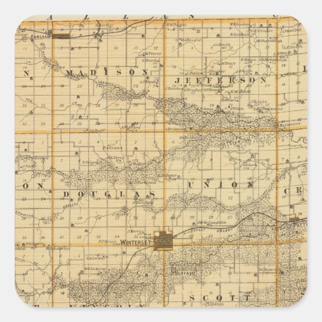 Karte des Landkreises Madison, Staat von Iowa Quadratischer Aufkleber (Vorderseite)