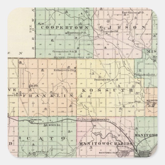 Karte des Landkreises Manitowoc, Staat von Wiscons Quadratischer Aufkleber (Vorderseite)