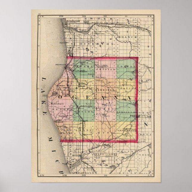 Karte des Landkreises Oceana, Michigan Poster (Vorne)