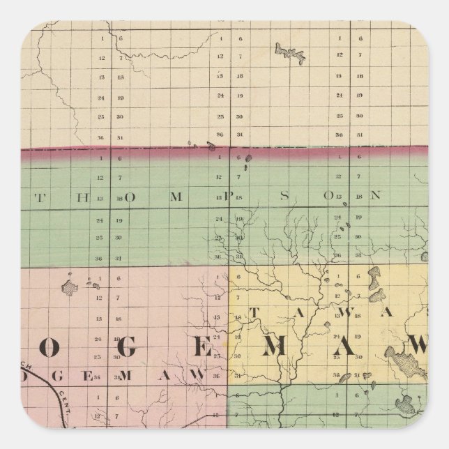 Karte des Landkreises Ogemaw, Michigan Quadratischer Aufkleber (Vorderseite)