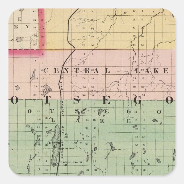Karte des Landkreises Otsego, Michigan Quadratischer Aufkleber (Vorderseite)