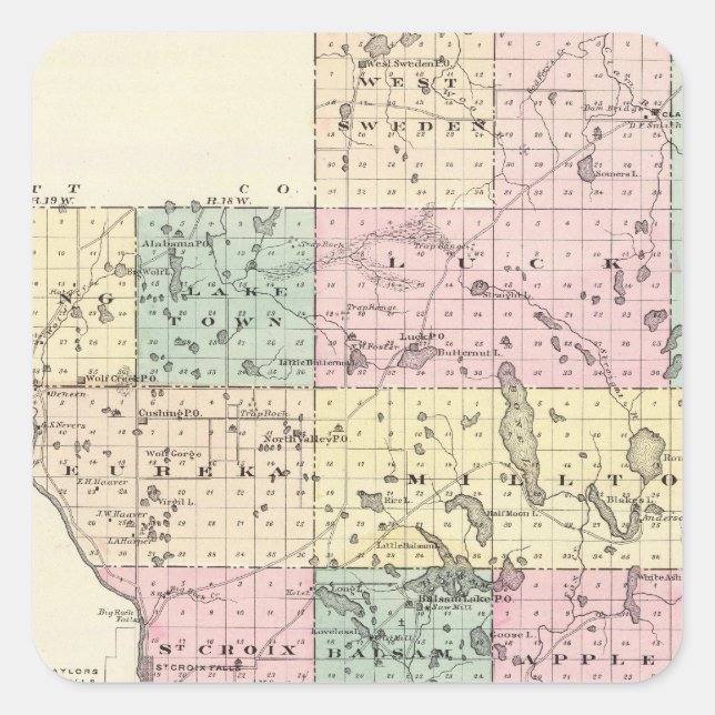 Karte des Landkreises Polk, Staat von Wisconsin Quadratischer Aufkleber (Vorderseite)