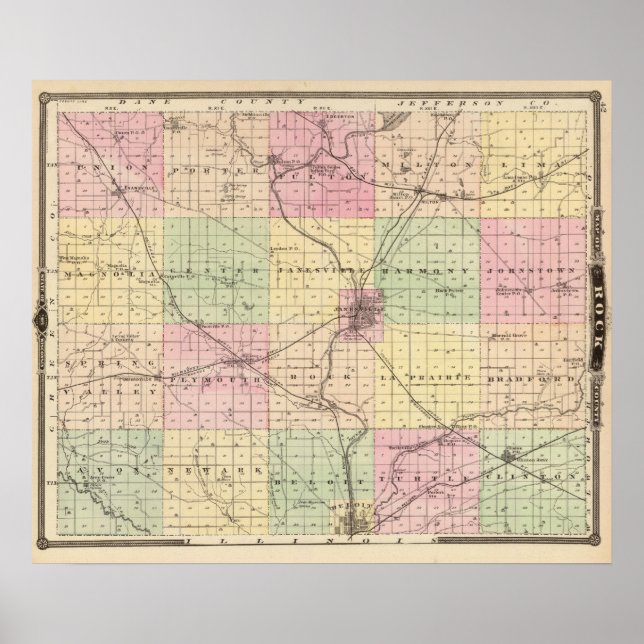 Karte des Landkreises Rock, Staat von Wisconsin Poster (Vorne)