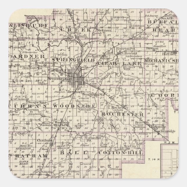 Karte des Landkreises Sangamon und Taylorville Quadratischer Aufkleber (Vorderseite)