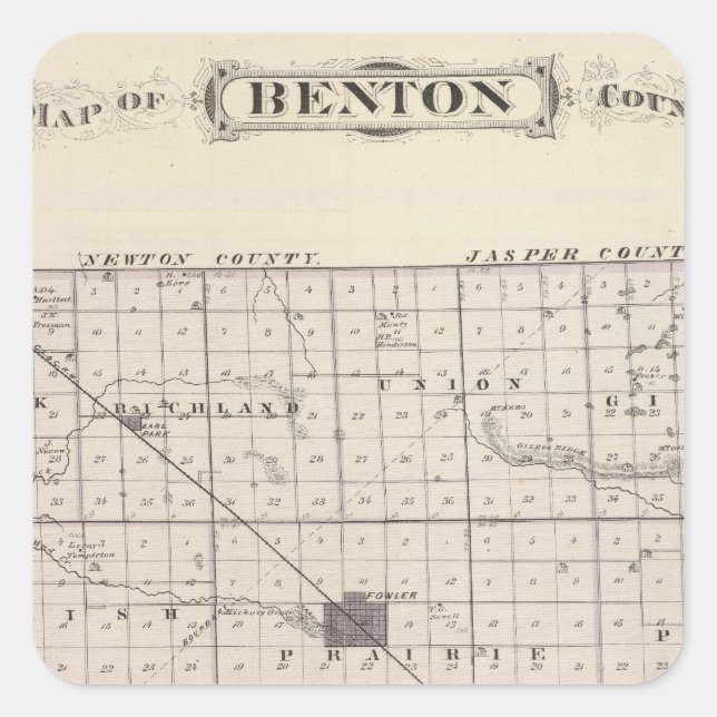 Karte des Landkreises von Benton Quadratischer Aufkleber (Vorderseite)