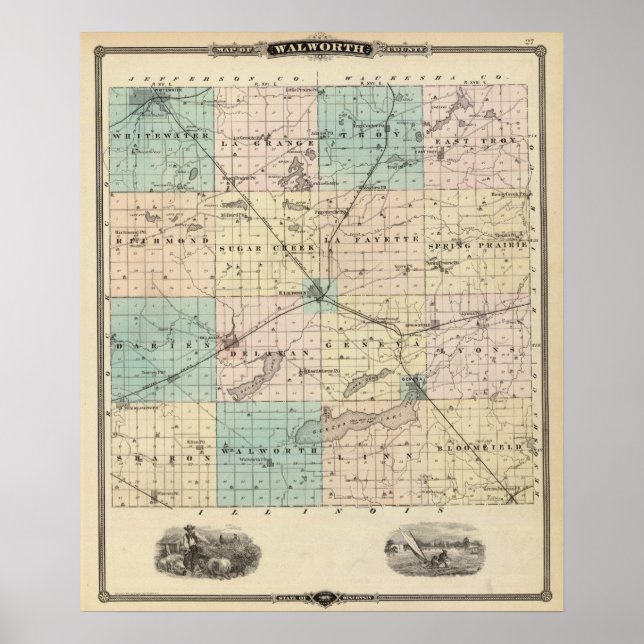 Karte des Landkreises Walworth, Staat von Wisconsi Poster (Vorne)